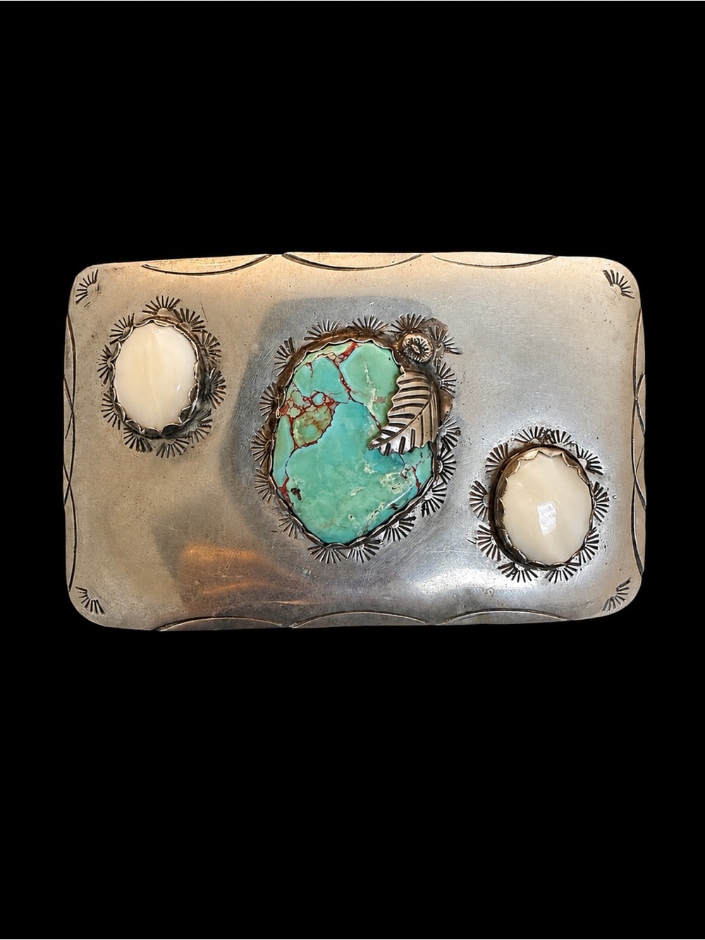 Silver Toned Belt Buckle with Turquoise and White Mother of Pearl
